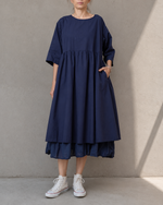 Rochie midi babydoll din bumbac albastru cer senin, vedere laterală, croială liberă feminină — All Above Boutique.