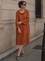 Rochie midi din in portocaliu inchis cu guleras si cusaturi modelatoare, vedere frontala, All Above Boutique