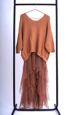 Set rochie din tul cu volane și pulover tricotat, nuanță camel