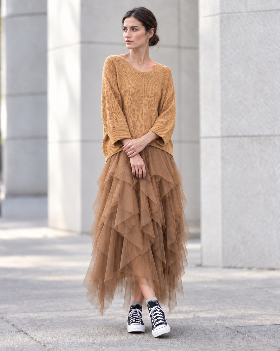 Set rochie din tul cu volane și pulover tricotat, nuanță camel