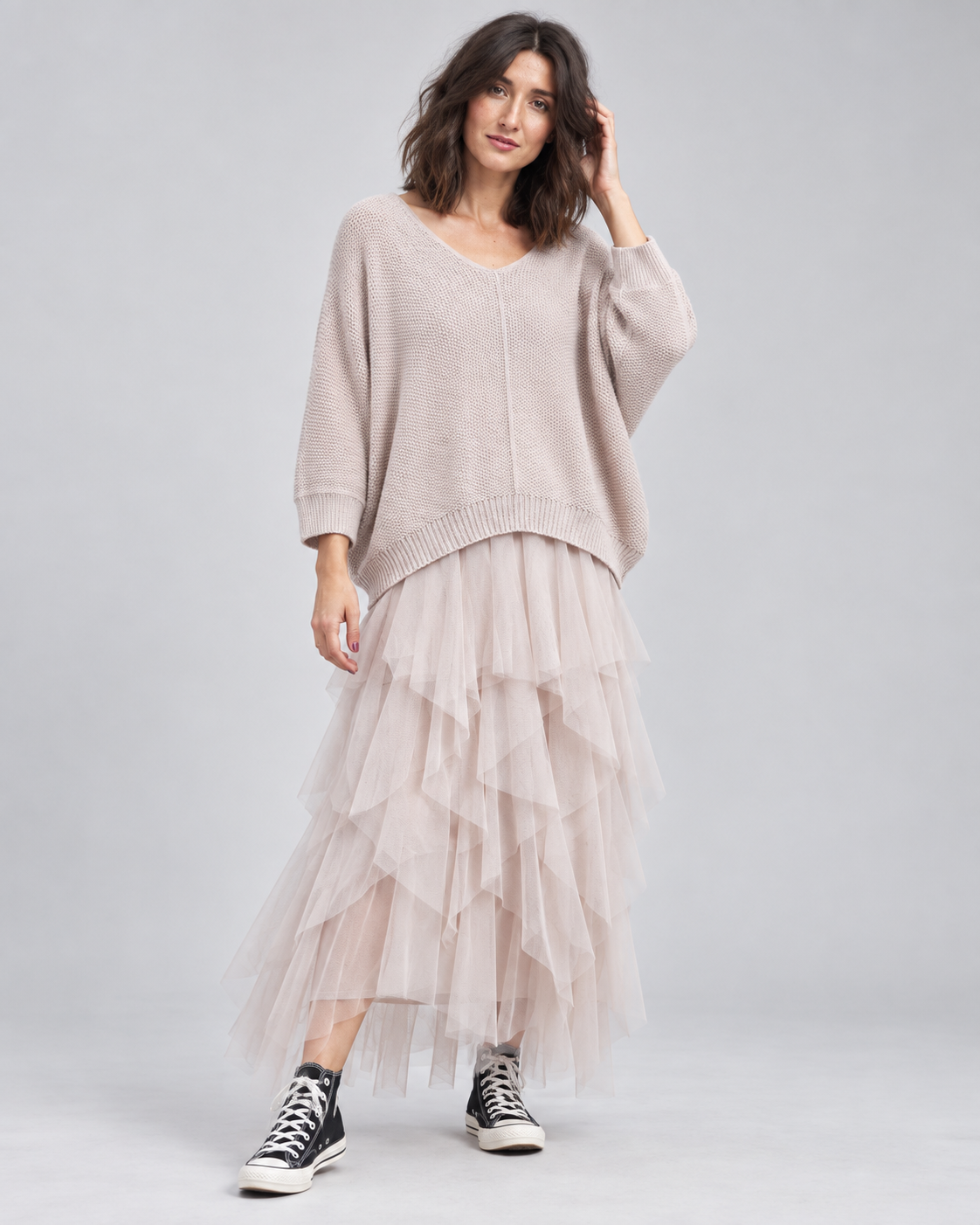 Set rochie din tul cu volane și pulover tricotat, nuanță ivoire