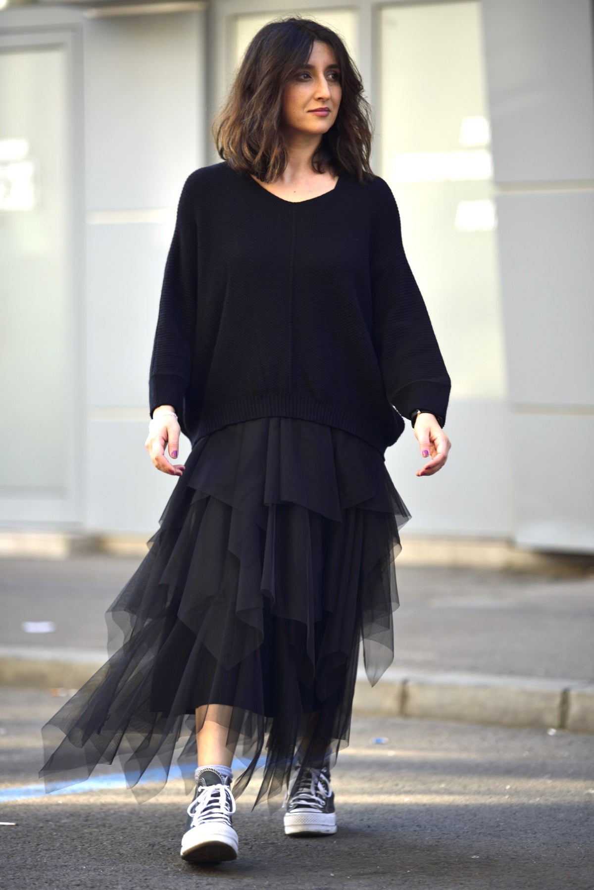 Set rochie din tul cu volane și pulover tricotat, nuanță negru