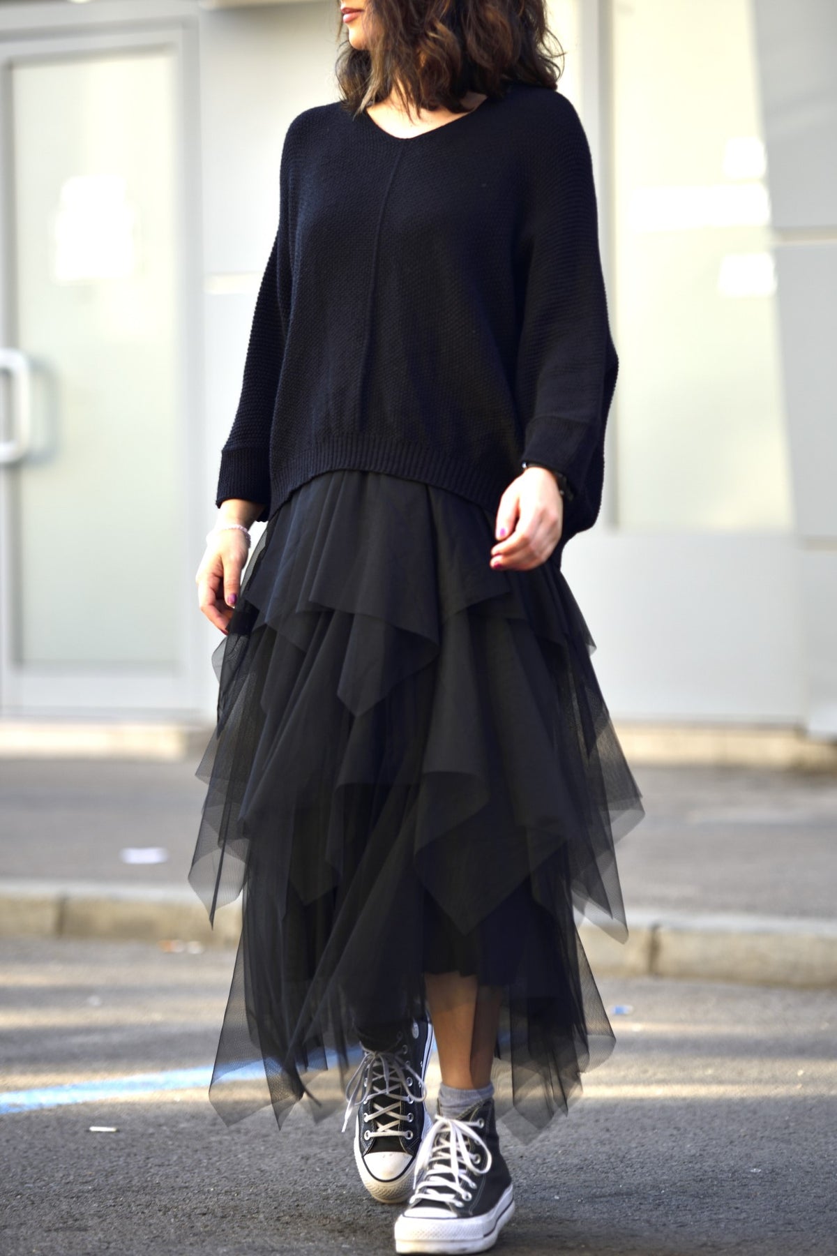 Set rochie din tul cu volane și pulover tricotat, nuanță negru