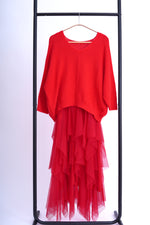 Set rochie din tul cu volane și pulover tricotat, nuanță roșu aprins