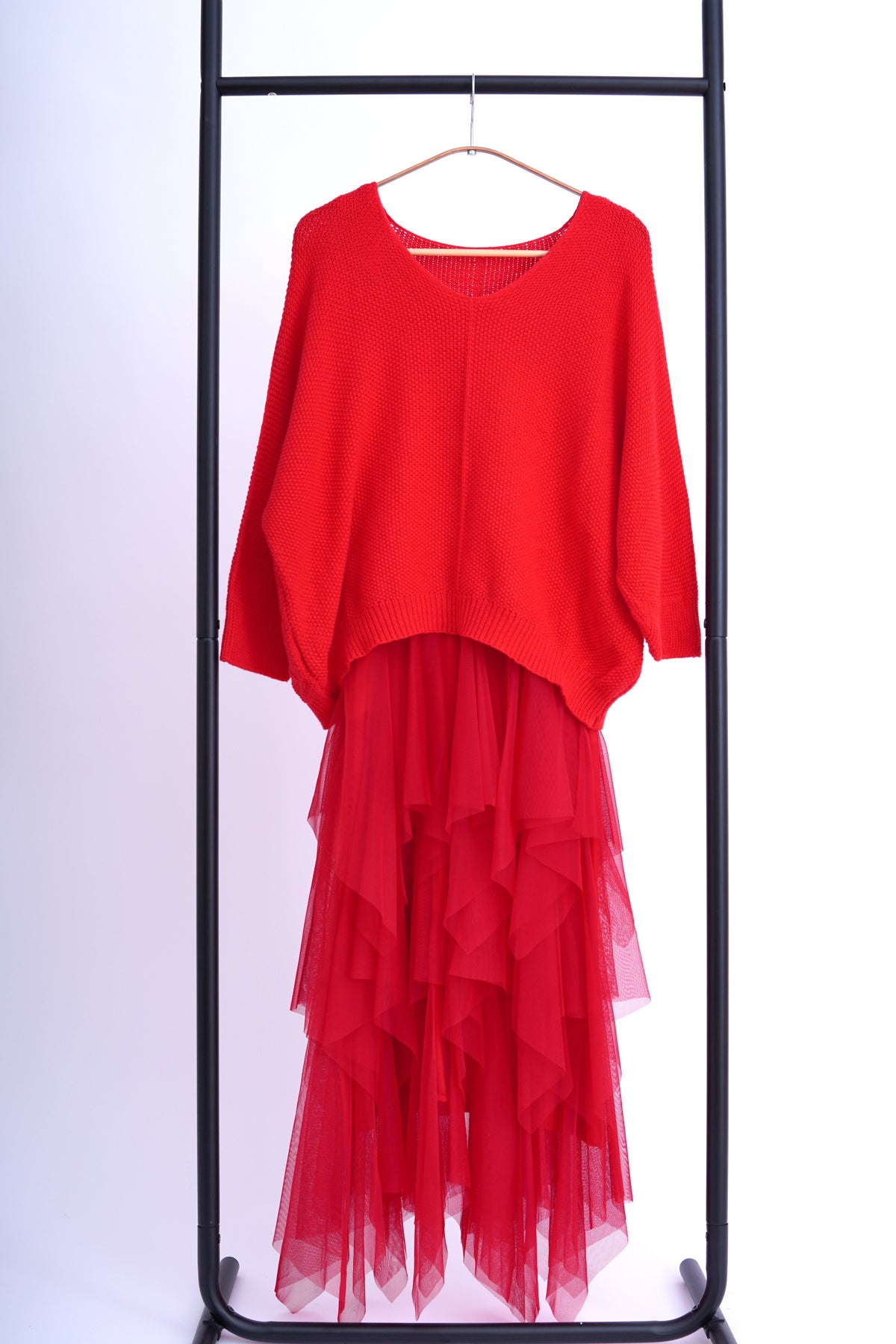 Set rochie din tul cu volane și pulover tricotat, nuanță roșu aprins