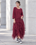 Set rochie din tul cu volane și pulover tricotat, nuanță roșu închis