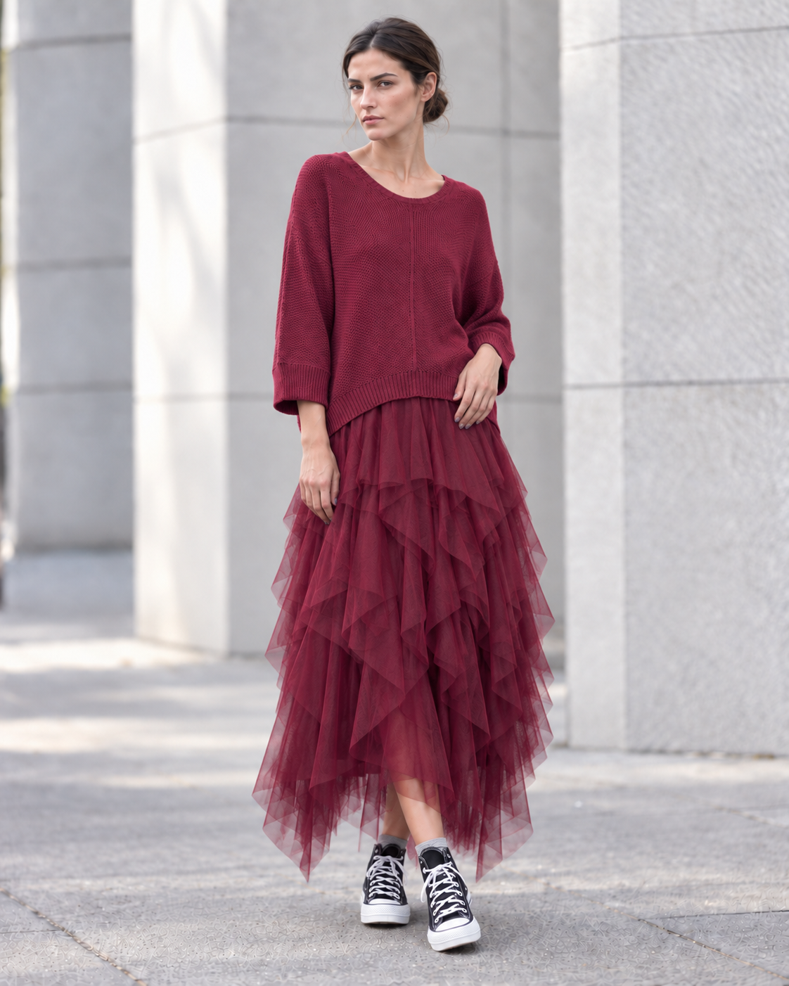 Set rochie din tul cu volane și pulover tricotat, nuanță roșu închis