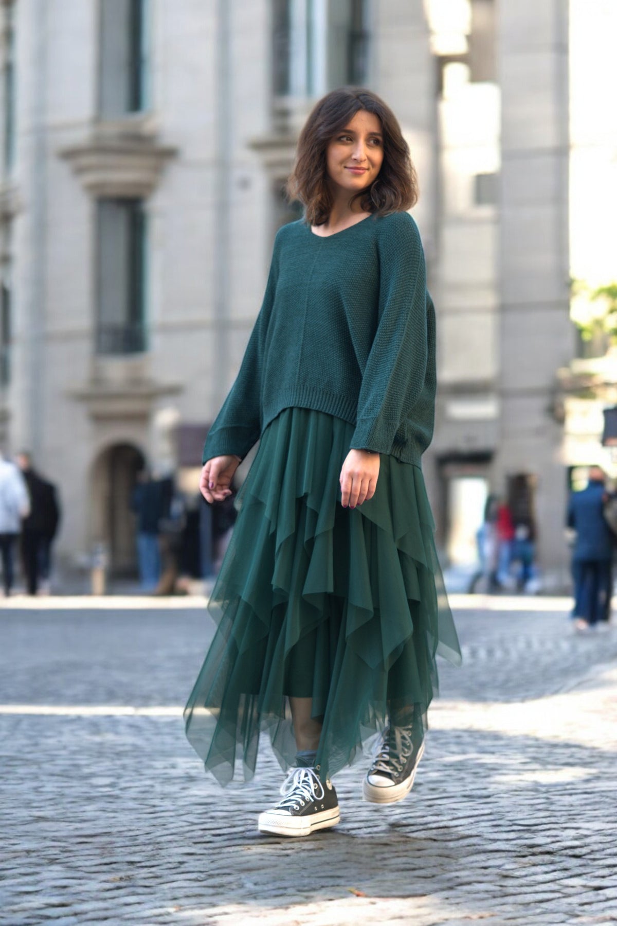 Set rochie din tul cu volane și pulover tricotat, nuanță verde închis