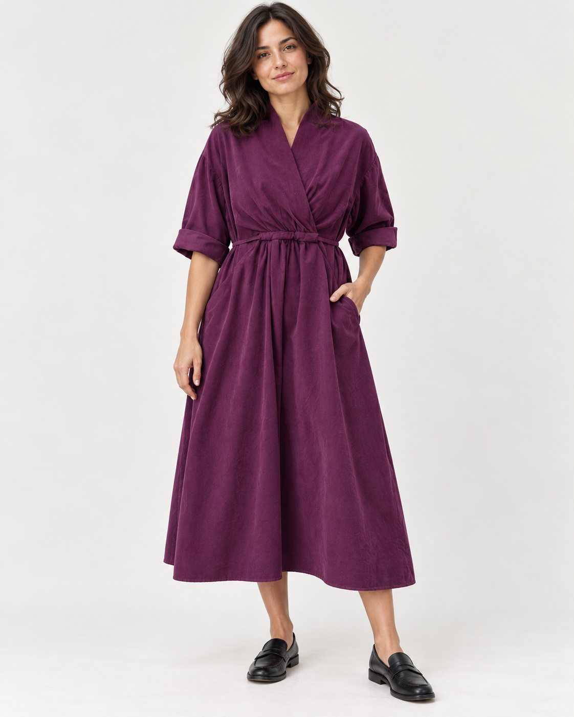 Rochie midi violet închis din catifea reiată, cu guler șal și șnur în talie, vedere din față - All Above Boutique
