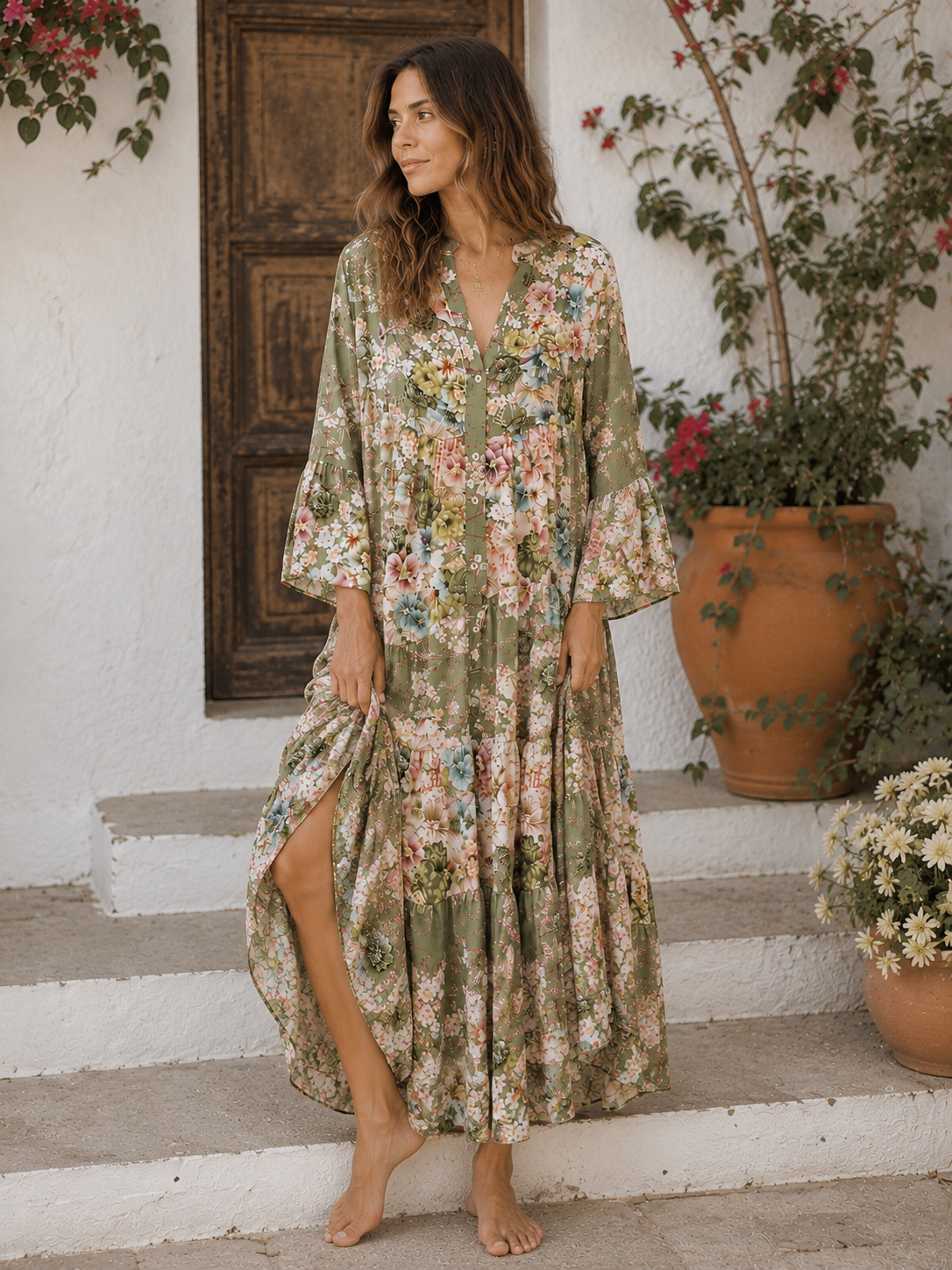 Rochie lungă boho bumbac print floral kaki cu volane și nasturi, vedere ansamblu, All Above Boutique
