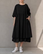 Rochie midi babydoll din bumbac cu nasturi la spate, în nuanța negru, vedere frontală.