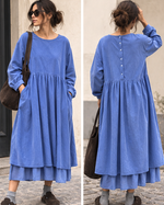 Rochie midi babydoll din catifea reiată cu nasturi la spate, în nuanța albastru cer senin, vedere frontală.