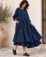 Rochie midi babydoll din catifea reiată, bleumarin - All Above Boutique