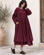 Rochie midi babydoll din catifea reiată, detaliu cu nasturi decorativi la spate.