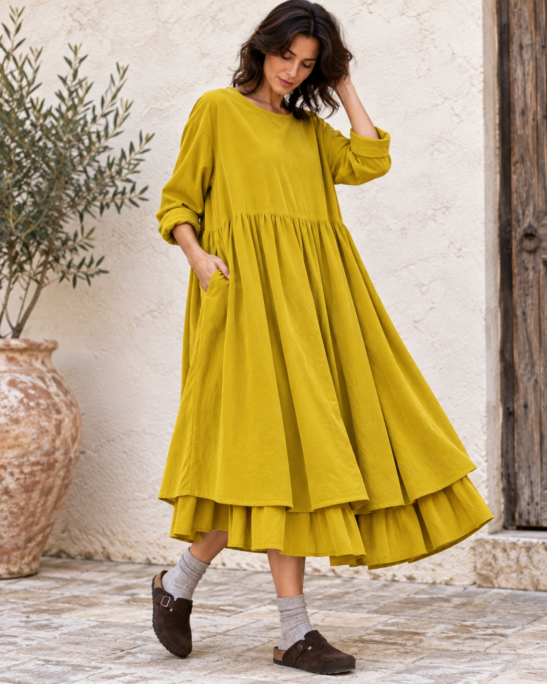Rochie midi babydoll din catifea reiată, galben muștar - All Above Boutique