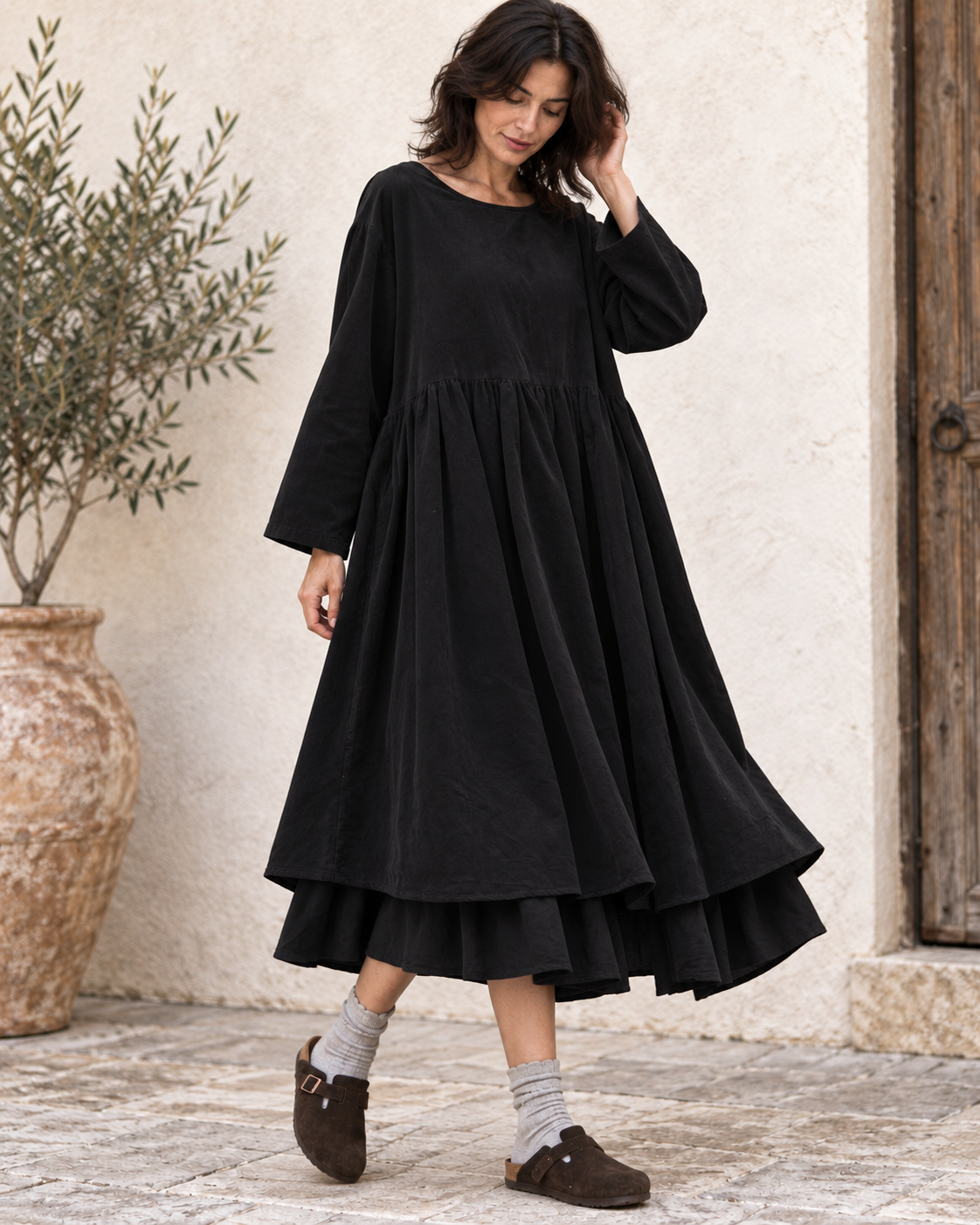 Rochie midi babydoll din catifea reiată, negru - All Above Boutique