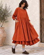 Rochie midi babydoll din catifea reiată, portocaliu închis - All Above Boutique