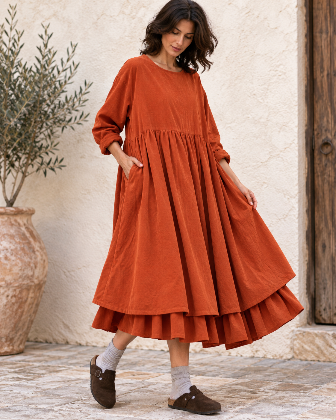 Rochie midi babydoll din catifea reiată, portocaliu închis - All Above Boutique
