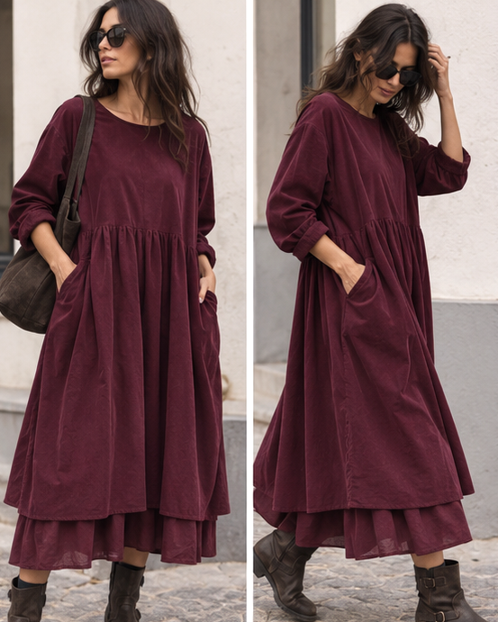 Rochie midi babydoll din catifea reiată cu nasturi la spate, în nuanța roșu închis, vedere frontală.