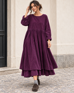 Rochie midi babydoll din catifea reiată, violet închis, cu fusta amplă în mișcare - All Above Boutique