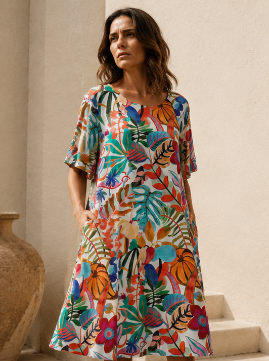 Rochie cu imprimeu tropical, vedere laterală și croială lejeră — All Above Boutique.