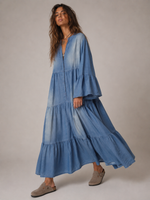 Rochie maxi denim boho albastru cu mâneci lungi și volane, vedere ansamblu, All Above Boutique