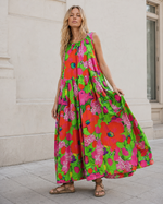 Rochie lungă evazată fără mâneci cu prindere șnur la spate, vedere frontală. All Above Boutique.