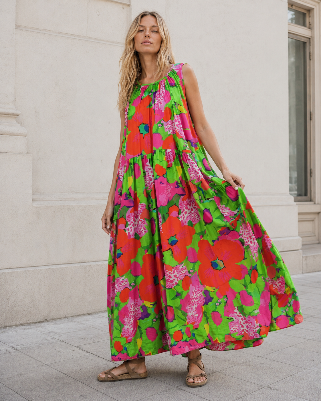 Rochie lungă evazată fără mâneci cu prindere șnur la spate, vedere frontală. All Above Boutique.