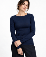 Bluză mulată bleumarin din modal și cașmir, cu guler bărcuță și mâneci lungi - All Above Boutique