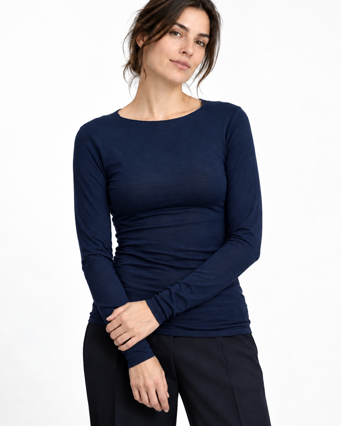 Bluză mulată bleumarin din modal și cașmir, cu guler bărcuță și mâneci lungi - All Above Boutique