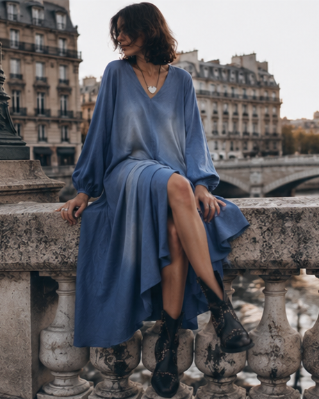 Rochie din denim cu croială evazată și decolteu în V, vedere generală — All Above Boutique.