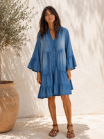 Rochie scurtă denim boho albastru cu mâneci clopot, vedere ansamblu, All Above Boutique