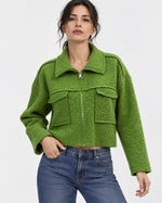 Jachetă scurtă cu lână și buzunare aplicate, nuanță verde