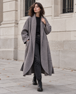Palton lung oversize din lână, grej, cu guler șal, în mers - All Above Boutique