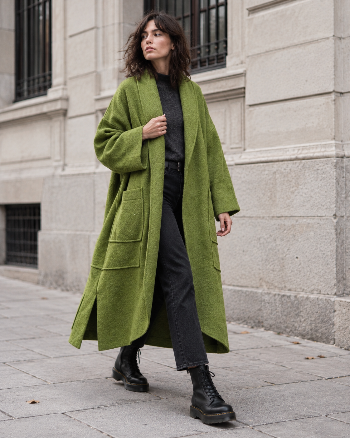 Palton lung oversize din lână, verde, cu guler șal și buzunare aplicate - All Above Boutique
