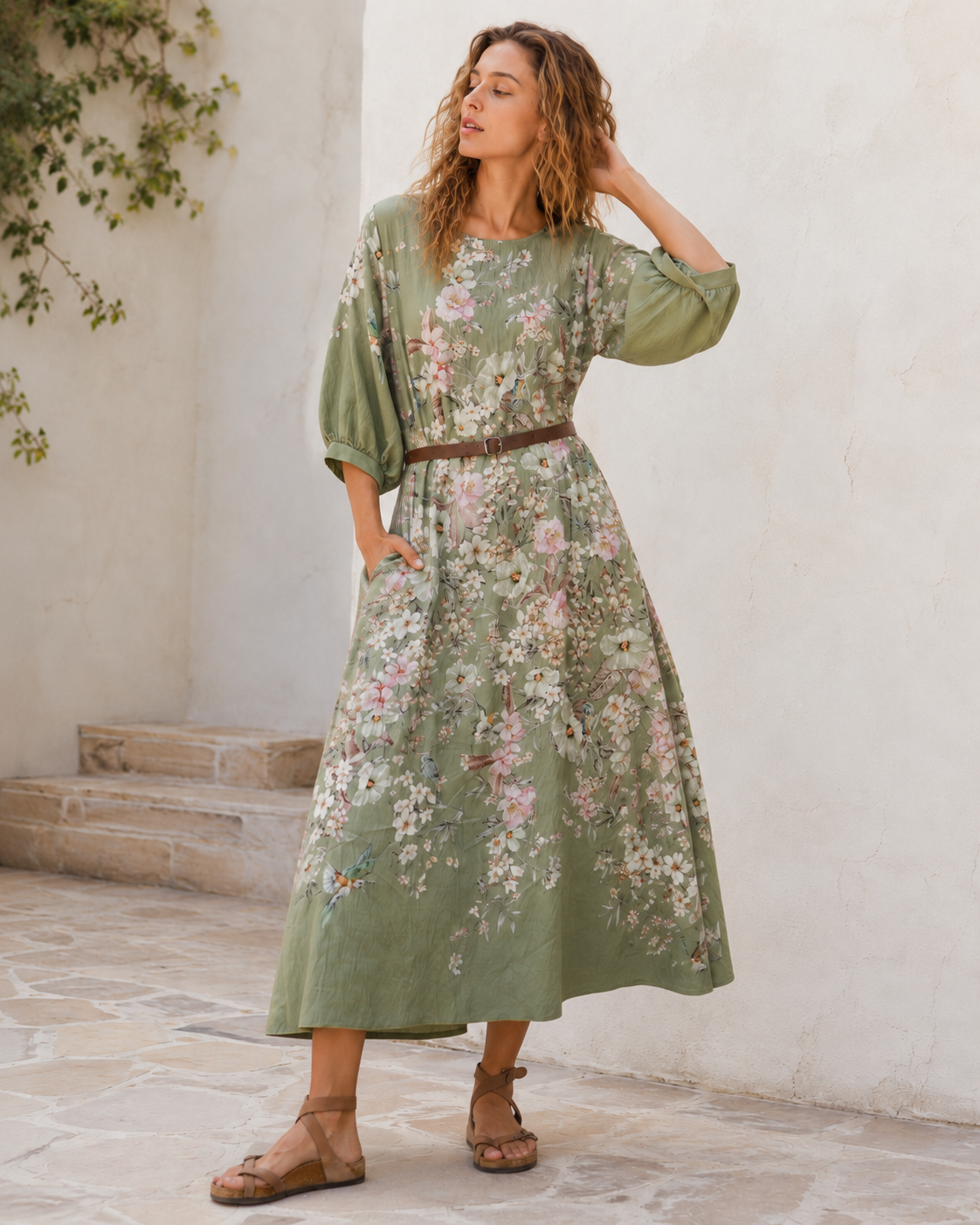 Rochie lungă cu mânecă 3/4 și imprimeu floral, vedere laterală. All Above Boutique.