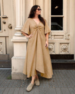 Rochie din in maro cafea maneci scurte evazate vedere frontala, All Above Boutique