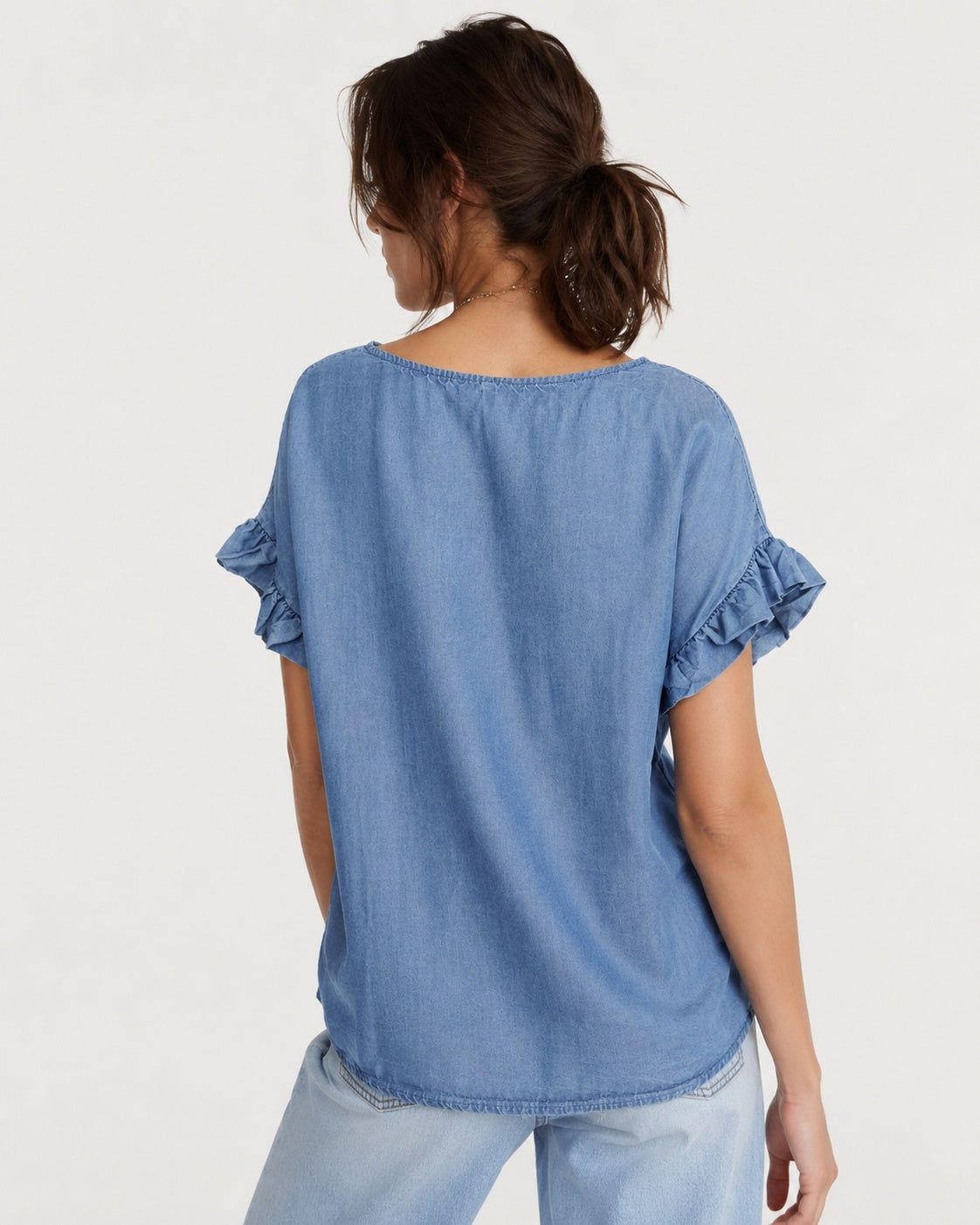 Top din lyocell cu imprimeu denim și umeri căzuți, vedere din spate, All Above Boutique.