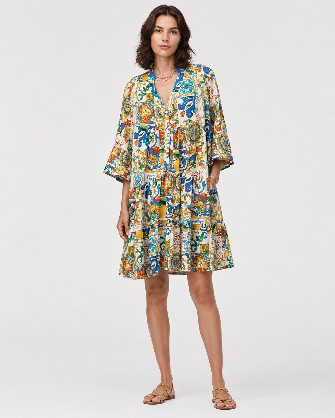 Rochie A line cu mânecă 3/4 și print Murano, vedere din față.
