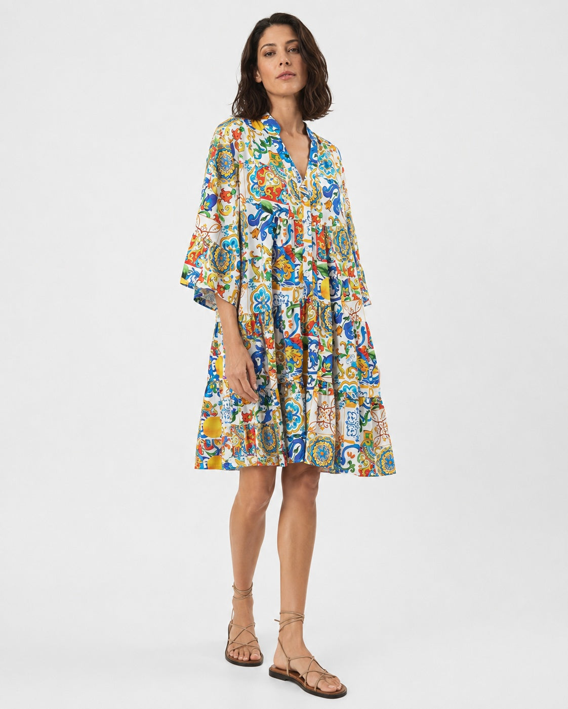 Rochie A line cu mânecă 3/4 și print Murano, vedere laterală.