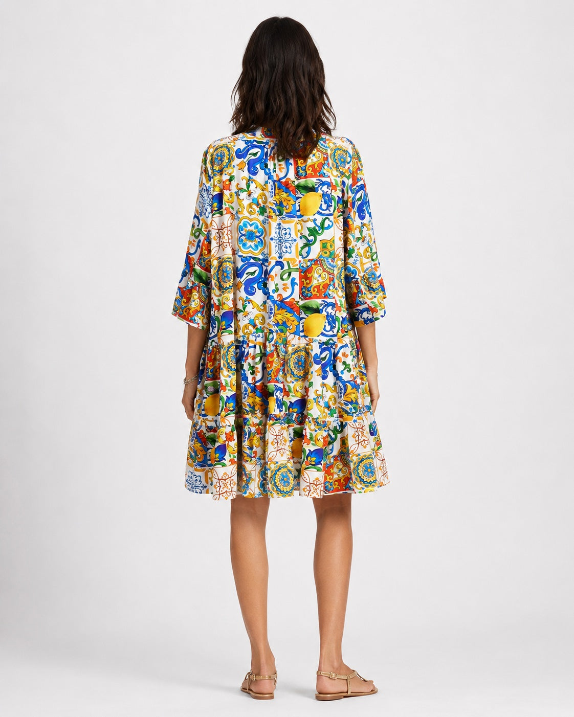 Rochie A line cu mânecă 3/4 și print Murano, vedere din spate.