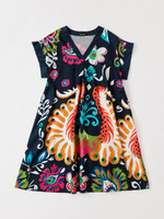 Rochie midi în V cu mânecă scurtă și print colorat, în nuanța bleumarin, vedere din față.