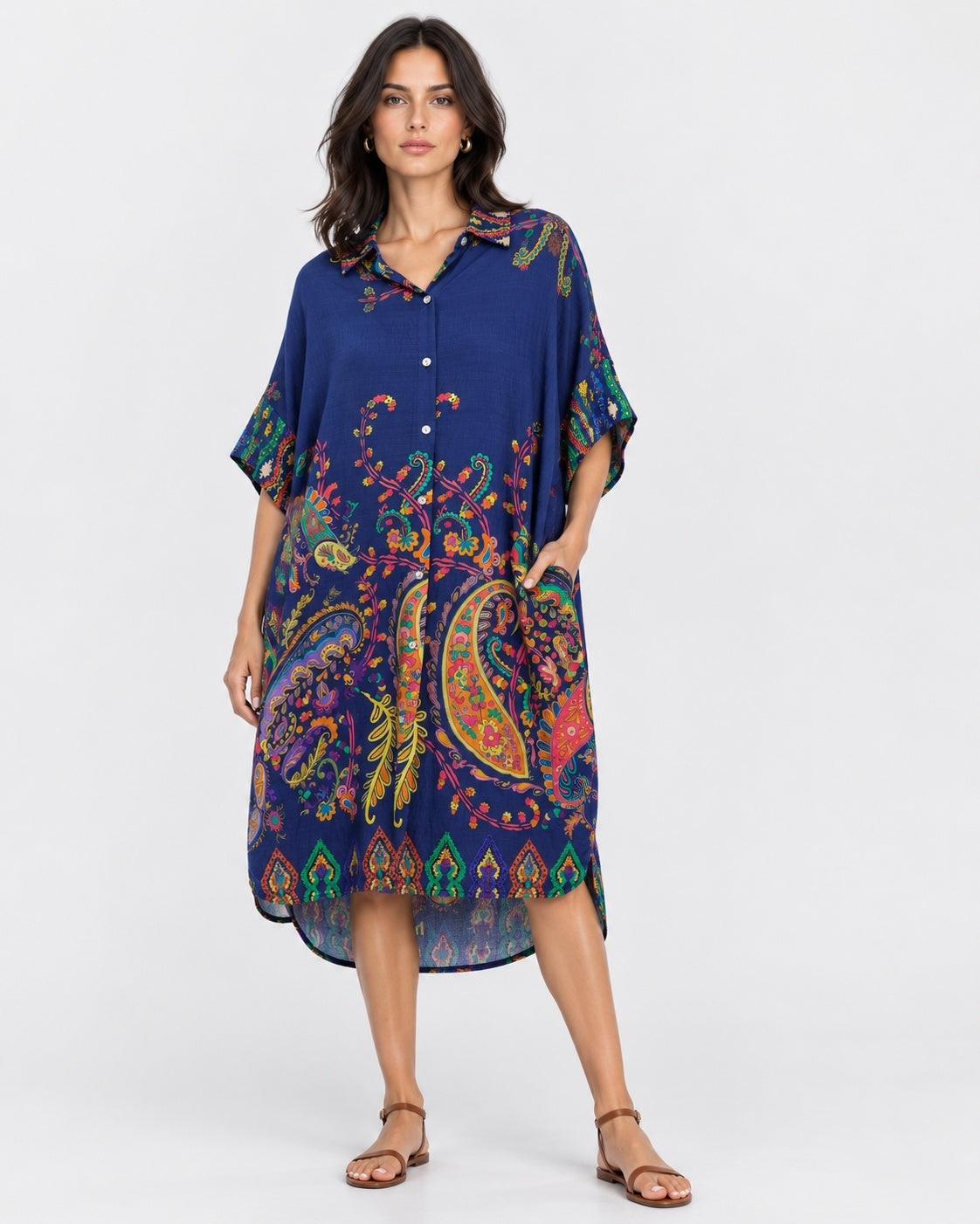 Rochie midi tip cămașă cu rever și print india, în nuanța bleumarin, vedere din față.