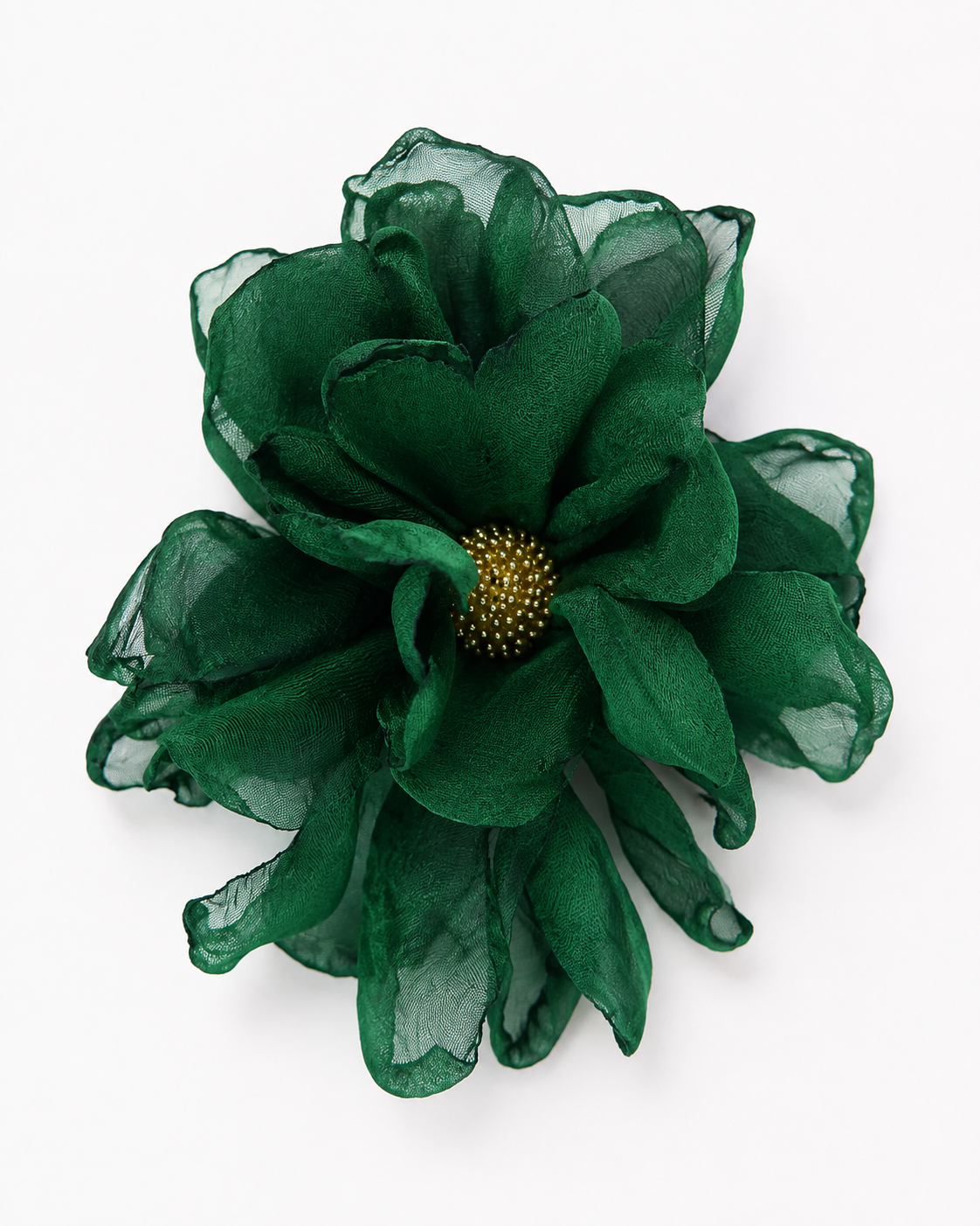 Broșă floare din voal cu petale delicate și pistil din sârmă, nuanța verde închis, All Above Boutique.