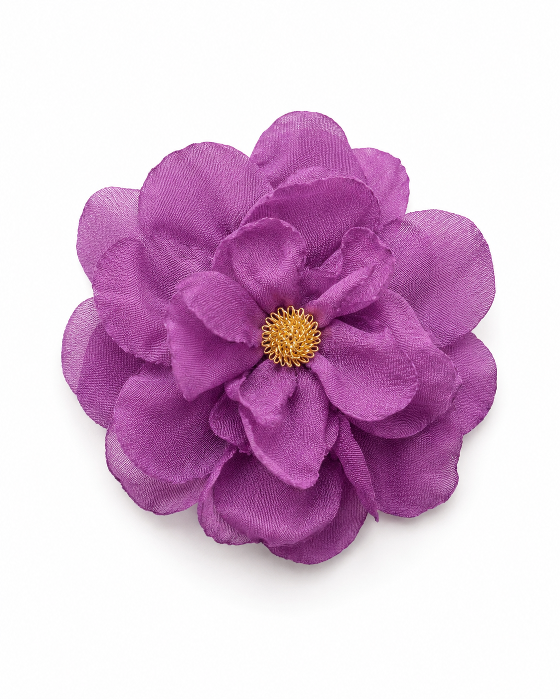 Broșă floare din voal cu petale delicate și pistil din sârmă, nuanța violet închis, All Above Boutique.