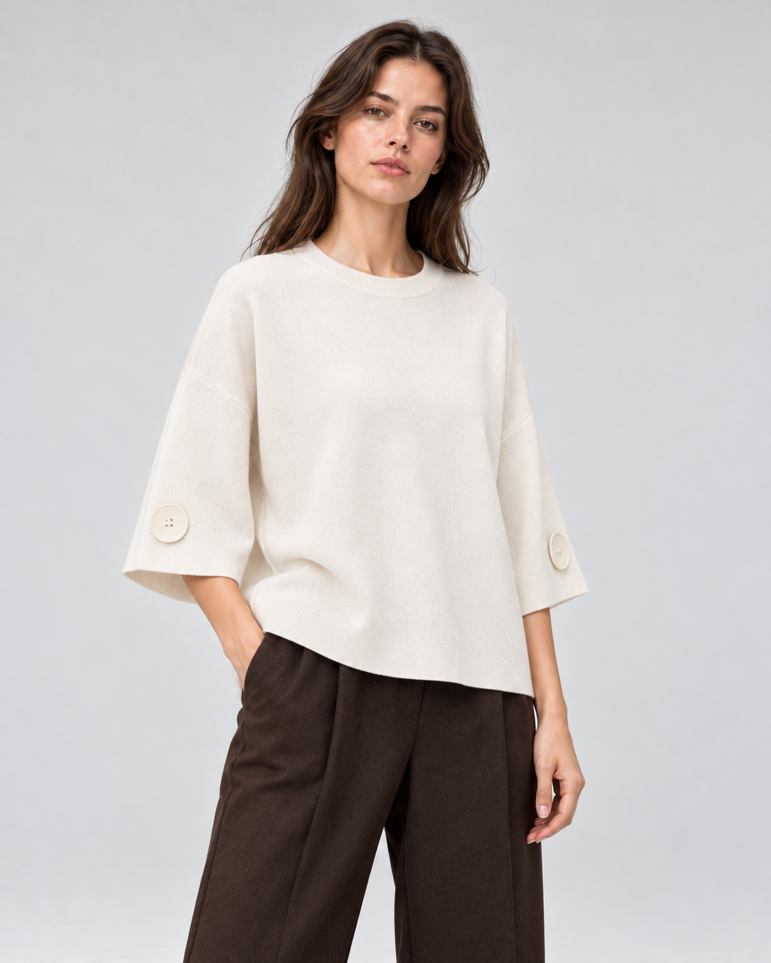 Bluză din tricot cu mânecă 3/4 și nasturi mari, ivoire, vedere frontală - All Above Boutique