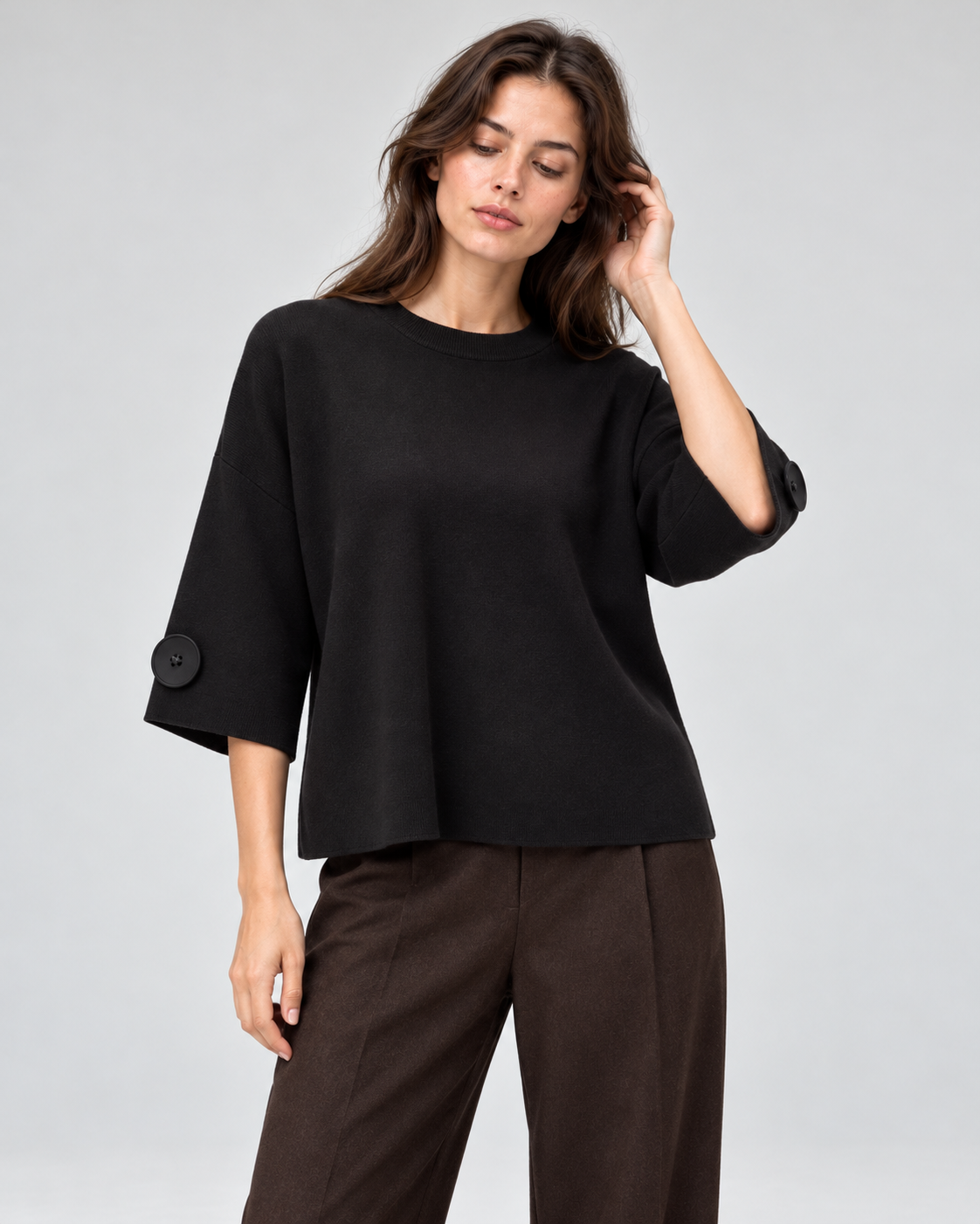 Bluză din tricot cu mânecă 3/4 și nasturi mari, negru, vedere frontală - All Above Boutique