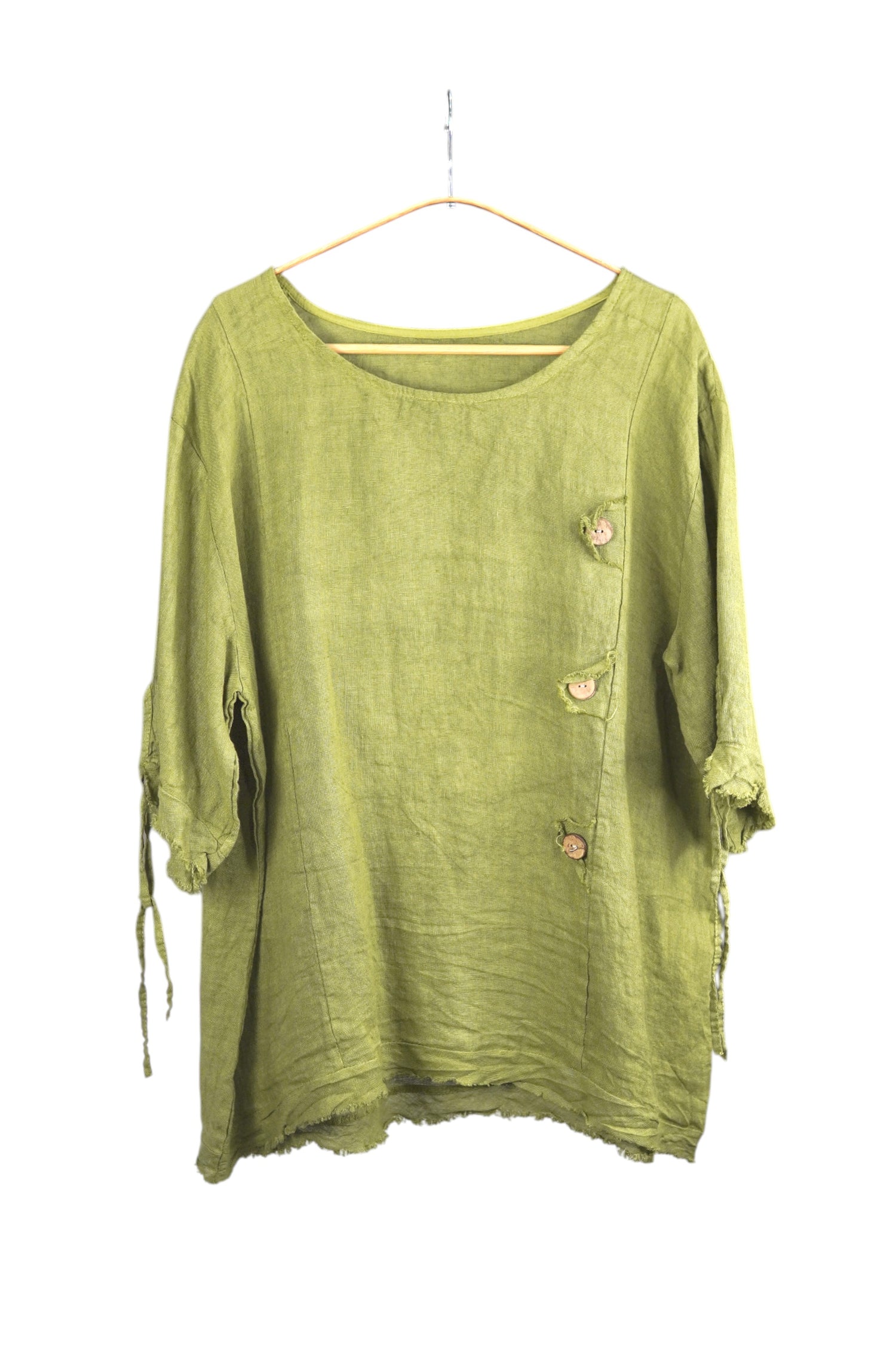 Bluză din in, verde olive, cu croială lejeră și nasturi decorativi pe față