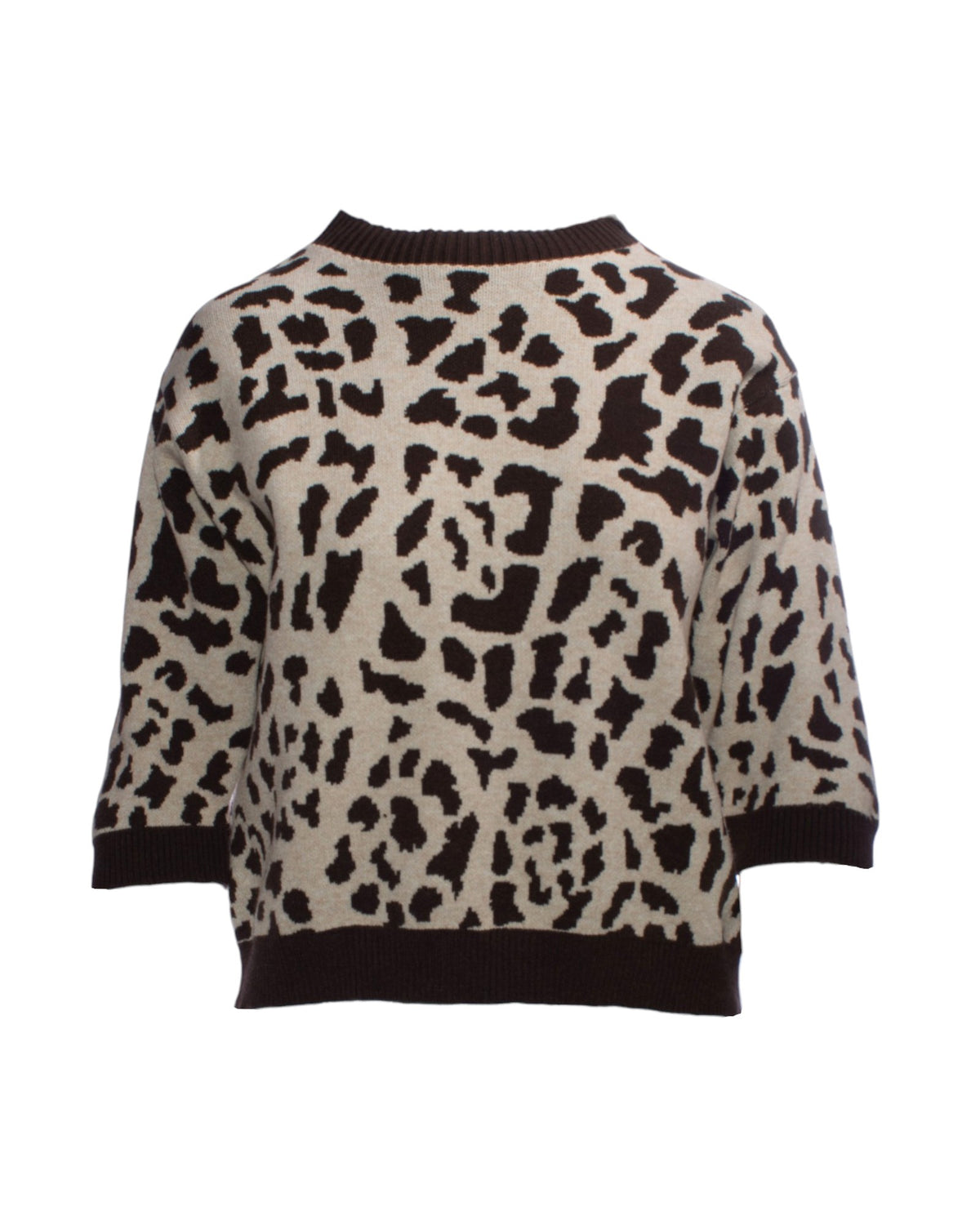 Bluza din tricot gros cu imprimeu animal print în tonuri de bej și maro, vedere frontală.