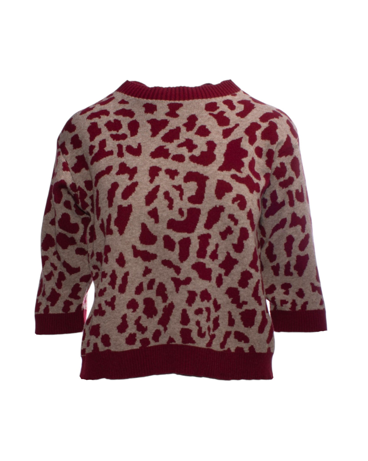 Bluza din tricot gros cu imprimeu animal print în nuanțe de bej și bordo, vedere frontală.